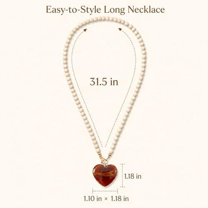 Wood Bead Heart Necklace for Women Amber Color Resin Heart Pendant Natural Wooden Beaded Necklace Boho Long Vacation Jewelry Gift - color: B1:wood beaded necklace