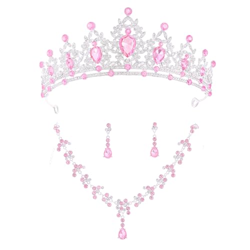 Crystal Crown and Tiara Jewelry Set for Women Bride with Necklace Earrings | Metal Rhinestone Royal Queen Princess Jewelry Set Wedding Quinceanera Pageant Prom Birthday Halloween Party Costume Gift - color: Silver Pink