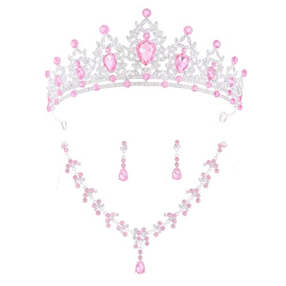 Crystal Crown and Tiara Jewelry Set for Women Bride with Necklace Earrings | Metal Rhinestone Royal Queen Princess Jewelry Set Wedding Quinceanera Pageant Prom Birthday Halloween Party Costume Gift - color: Silver Pink