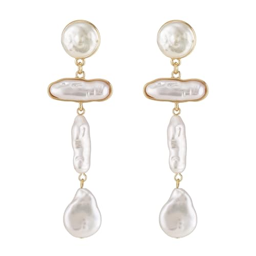 Statement Pearl Dangle Earrings,Gold and Large Pearl,Luxury Chandelier Organic Style Earrings - color: A gold and white