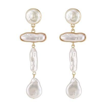 Statement Pearl Dangle Earrings,Gold and Large Pearl,Luxury Chandelier Organic Style Earrings - color: A gold and white