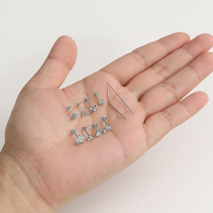 Threadless Flat Back Earrings Studs 20G Surgical Steel Push in Nose Studs Rings Cartilage Helix Tragus Conch Lip Labret Medusa CZ Nostril Piercing Jewelry for Women Gold Silver Tone - color: Silver