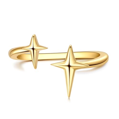 925 Sterling Silver Adjustable Rings for Women 14K Gold Plated Thumb Rings | Stackable Statement Eternity Rings Dainty Starfish Star Moon Heart Lucky Open Ring Trendy Jewelry Birthday Gifts for Ladies - color: Gold Star Charms Ring