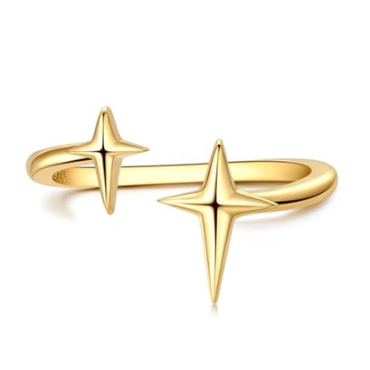 925 Sterling Silver Adjustable Rings for Women 14K Gold Plated Thumb Rings | Stackable Statement Eternity Rings Dainty Starfish Star Moon Heart Lucky Open Ring Trendy Jewelry Birthday Gifts for Ladies - color: Gold Star Charms Ring