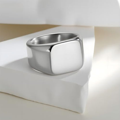 Mens Stainless Steel Plain Signet Rings 4/7/10/14MM Rectangular Pinky Rings | High Polish Classic Blank Thumb Rings, Everyday Comfit Wear, Gift for Men - color: Silver14
