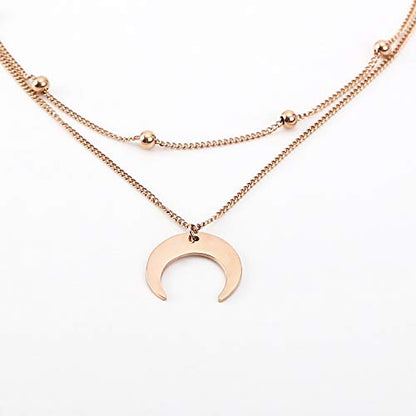 BaubleStar Crescent Pendant Necklace Layering Titanium Chain Choker for Women - color: RoseGold
