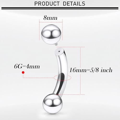 18G-00G Eyebrow Rings Internally Threaded Snake Eyes Piercing Jewelry Tongue Surgical Steel Curved Barbell Vertical Lip Labret Rook Daith Earrings Piercing Jewelry for Women Men 6mm-19mm - color: silver, size: 6G(4mm)-16mm barbells-8mm Balls