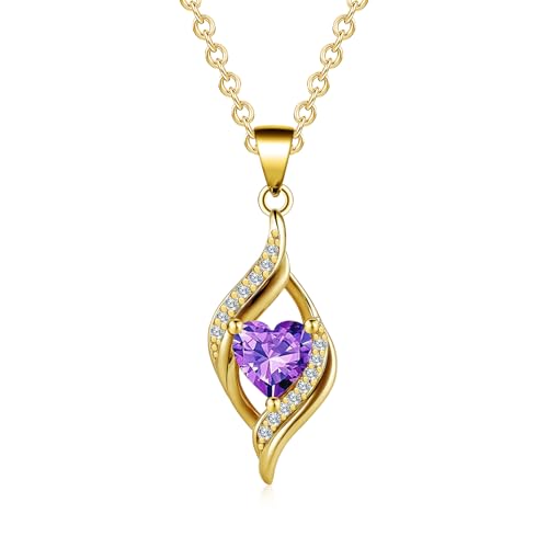 Birthstone Necklace for Women, 14K Gold Plated Heart Cubic Zirconia Pendant, Dainty Birthstone Jewelry Necklace Gifts for Birthday, Valentine’s Day Mother's Day - color: February-Amethyst
