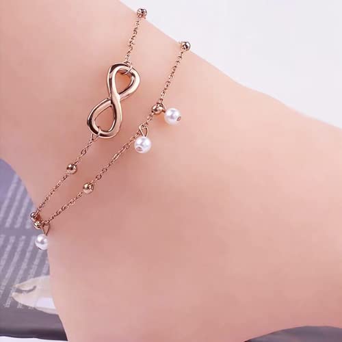 Jean Beau Infinity Beach Anklet bracelet for Women Teen Boho Waterproof Double Layered Dainty Beads Chain Charm Ankle Pearl dangling foot Jewelry Gift - color: Rose Gold