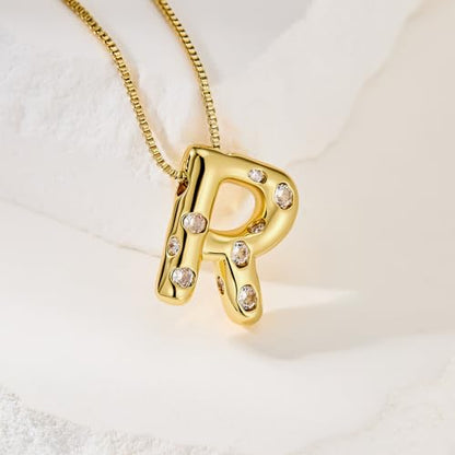 Cicy Bell Initial Necklace for Women 14k Gold Plated | Cubic Zirconia, Trendy, Personalized, Dainty Letter Pendant - color: R-Gold