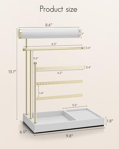 VLANDO Jewelry Stand Organizer with Ring Holder Tray, Necklace and Earring Storage for Bracelets, Watches and Rings, PU Leather Covered Wooden Tray with Gold Metal Frame - White - color: White