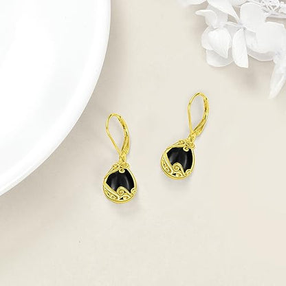 Sterling Silver Black Onyx Earrings for Women 18K Yellow Gold Plated Jewelry Gifts - style: Filigree Teardrop