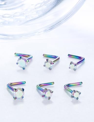 18G 20G 22G Stainless Surgical Steel Titanium Nose Rings Studs for Women L Shaped Nose Rings Screw Nose Studs Nostrial Piercing Jewelry for Women Men Silver Gold Black - style: 20G/AB CZ/L-shaped/Rainbow