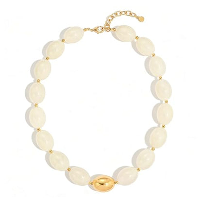 Chunky Beads Necklace for Women Trendy Gold Puffy Heart Choker Necklace Colorful Resin Beaded Heart Pendant Necklaces Statement Jewelry - color: Oval Beads-Beige