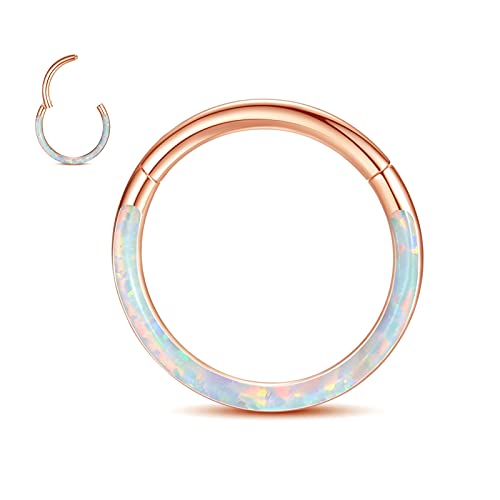 WBRWP 316L Stainless Steel Nose Hoop Rings Clicker with Zircon/Opal 14g-20g | Hypoallergenic Nose Rings Segment Clicker Lip Rings Cartilage Rook Conch Earrings Diameter 5mm-10mm - color: Flat rose gold ring with white opal -1pc pack