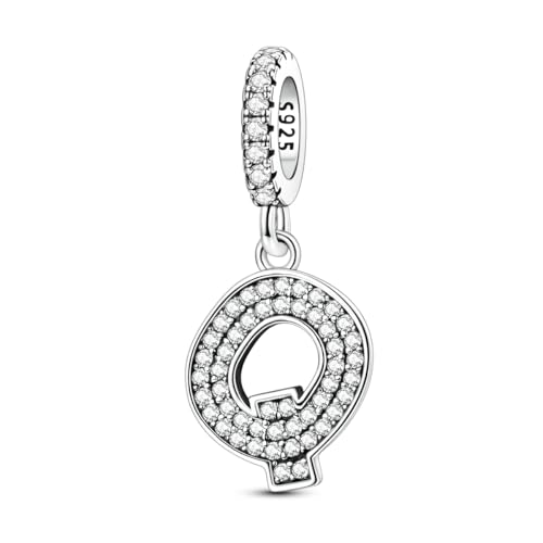 Hapour Letter 925 Sterling Silver Charm with Cubic Zirconia Alphabet A-Z Initial Dangle Charms Beads Pendent DIY Jewelry for Bracelets Necklace - color: Q