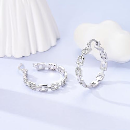 NARMO 925 Sterling Silver Earrings for Women Hypoallergenic Hoop Earrings - color: Square Chain