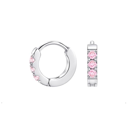 Birthstone Huggie Hoop Earrings for Women, Cubic Zirconia Small Hoops | 316L Surgical Steel, 18K Gold or Silver, 6-10mm, Hypoallergenic Waterproof, Cartilage Piercing, Birthday Gift - color: 10 OCT. Pink - Silver, size: 6mm