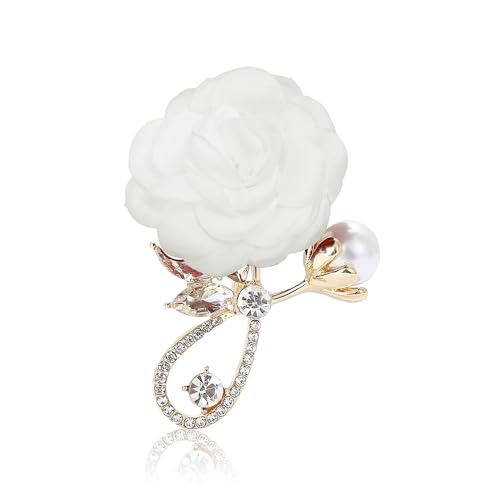 Rose Flower Brooch for Women Rhinestone Pearl Fabric Floral Lapel Pin Handmade Cubic Zirconia Collar Pins Fashion Wedding Jewelry Bridal Party Boutonniere Dance Banquet Ceremony Accessory for Valentine Mother