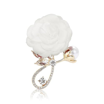 Rose Flower Brooch for Women Rhinestone Pearl Fabric Floral Lapel Pin Handmade Cubic Zirconia Collar Pins Fashion Wedding Jewelry Bridal Party Boutonniere Dance Banquet Ceremony Accessory for Valentine Mother