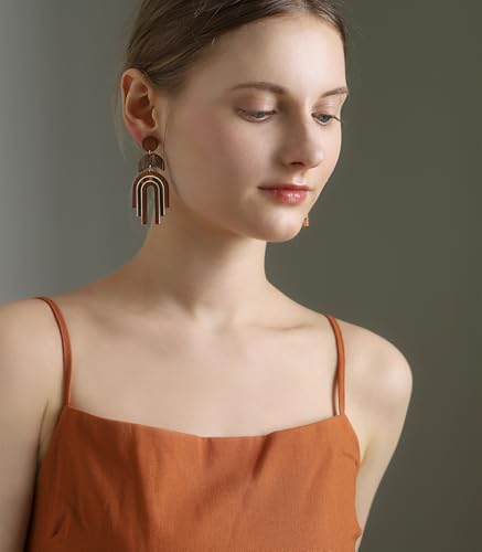 Ozel - Natural Wooden Acrylic Boho Drop Dangle Earrings for Women - Geometric Statement Jewellery - Brown, Black, Magent Red, Olive Green, White beige - color: Arch_Brown