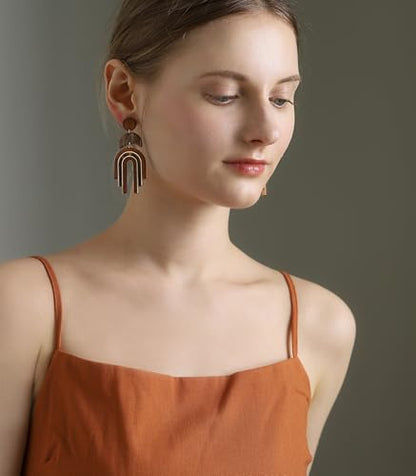 Ozel - Natural Wooden Acrylic Boho Drop Dangle Earrings for Women - Geometric Statement Jewellery - Brown, Black, Magent Red, Olive Green, White beige - color: Arch_Brown