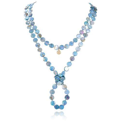 Firstmeet Flat Round Coin Shell Beads Long Knotted Necklace Natural Mother of Pearl Handmade Jewelry For Women - color: S-Blue AB