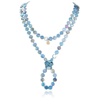 Firstmeet Flat Round Coin Shell Beads Long Knotted Necklace Natural Mother of Pearl Handmade Jewelry For Women - color: S-Blue AB