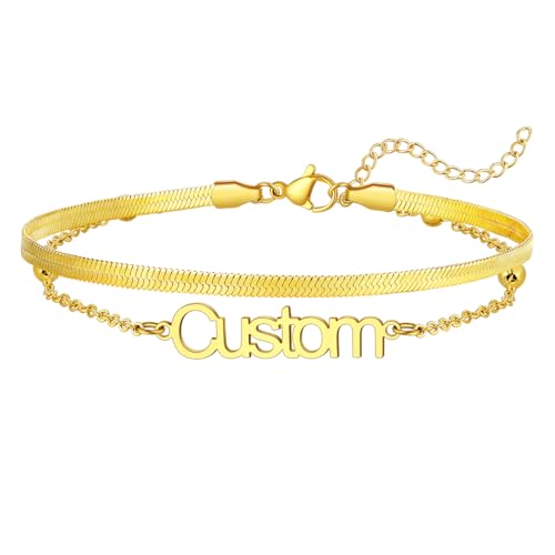U7 Custom Layered Ankle Bracelets for Women Stainless Steel Bead/Cuban/Figaro/Rope/Wheat Chain Anklet Waterproof Anklet Jewelry for Beach Vacation - color: a-Gold Plated-Herringbone Chain