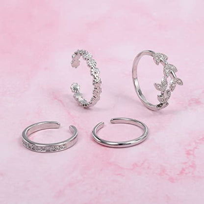 JFORYOU Toe Rings for Women Adjustable Open Toe Rings with Anklet Set CZ Flower Toes Ring for Summer Beach Foot Jewelry - color: 4pcs-silver toe rings