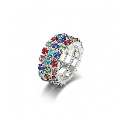 Sparkling Rhinestone Ring Set Trendy Elastic Rhinestone Crystal Stretch Ring Stackable Jewelry for Women Girls - color: 3 Rows Ring-Colorful
