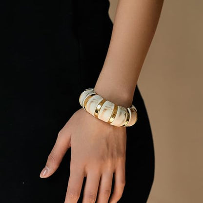 YBMYCM Acrylic Chunky Bangles Bracelets for Women Resin Gold-plated Stackable Stretch Bracelet Wide Wristbands Gift Jewelry - color: Ivory white