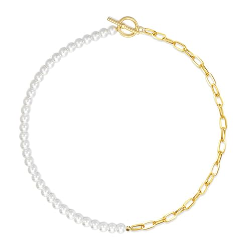 Zeffy Pearl Necklace 4MM/6MM/8MM Dainty Round Imitation Pearl Choker Necklace Wedding Pearl Necklace Delicate Jewelry for Women Simple Bridesmaid Jewelry Gifts - style: 6mm Gold Pearl Paperclip Necklace(17")