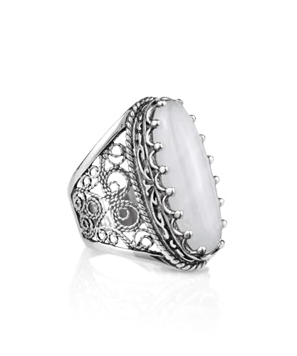 Filigranist 925 Sterling Silver Handcrafted Filigree Art Women Oval Boho Statement Ring with Gemstones, Gift Boxed - color: Mother of Pearl, size: 9.5