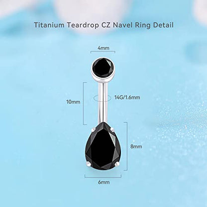 limerencia 14G G23 Titanium Belly Button Ring with Small Teardrop Cubic Zirconia 10mm Internally Threaded Navel Piercing Jewelry - color: Black CZ