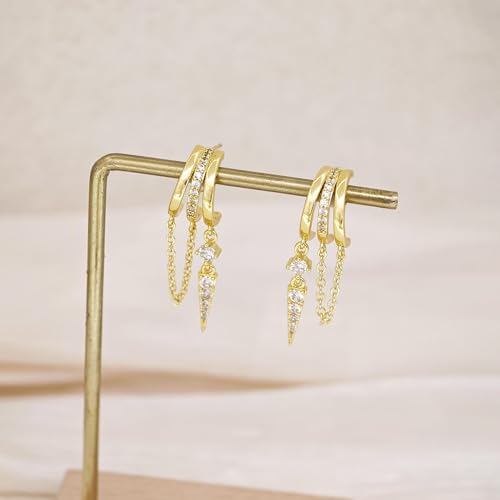 Pearl Earrings for Women Trendy, 14k Gold Plated Freshwater CZ Leaf Pearl Dangle Drop Gold Earrings Lightweight Hypoallergenic Stud Earring Bridesmaid Wedding Gold Jewelry for Women Gifts - style: cz chain earrings-4