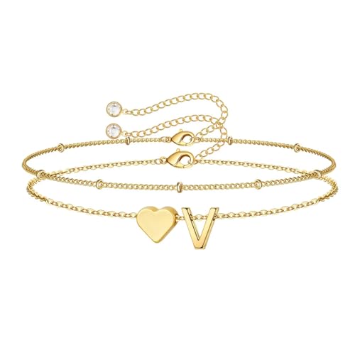 M MOOHAM Initial Bracelets for Teen Girls - 14K-Gold-Plated Heart Initial A-Z Bracelets for Women Girl Jewelry Gifts Trendy, Dainty Gold Bracelet Letter Bracelet Birthday Gifts for Women Girls Her - color: Gold-Plated, style: V