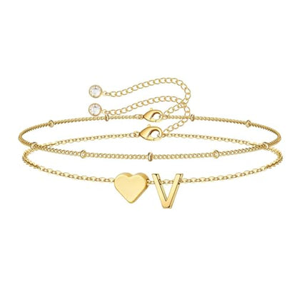 M MOOHAM Initial Bracelets for Teen Girls - 14K-Gold-Plated Heart Initial A-Z Bracelets for Women Girl Jewelry Gifts Trendy, Dainty Gold Bracelet Letter Bracelet Birthday Gifts for Women Girls Her - color: Gold-Plated, style: V