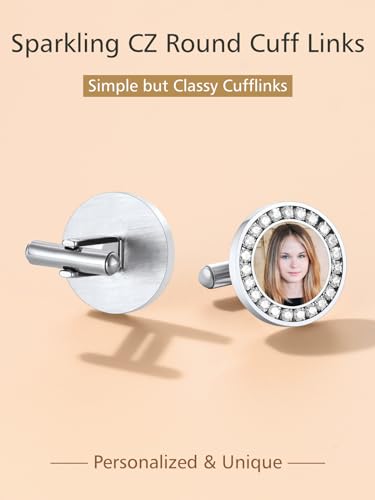 FindChic Stainless Steel Round Cufflinks with Custom Text/Picture/Monogram Letters 18K Gold Plated/Black Color for Men Groom Suits Shirts, with Gift Box - style: 02. CZ custom photo-round (stainless steel)