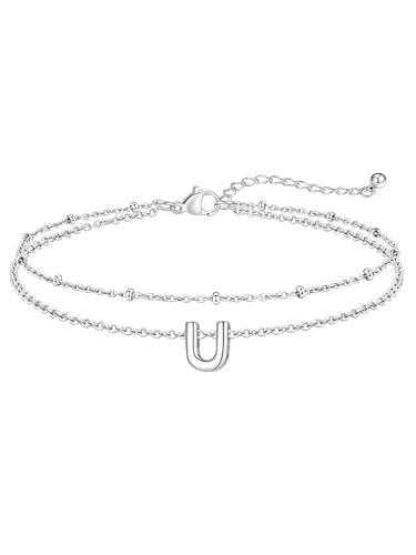 FaithHeart Initial Ankle Bracelets for Women, Waterproof 14k Gold Plated Initial Anklets Non Tarnish Stainless Steel Cute Layered Anklet Summer Beach Jewelry - color: Silver, size: Initial U