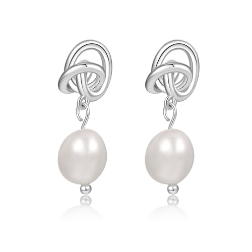 Pearl Earrings for Women 14K Gold Freshwater Pearl Hoop Earring Dangle Drop Wedding Earrings Bridal Bridesmaid Jewelry Gifts for Women - color: Silver Knot Pearl Drop Earrings