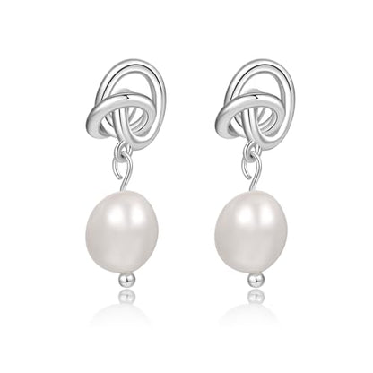 Pearl Earrings for Women 14K Gold Freshwater Pearl Hoop Earring Dangle Drop Wedding Earrings Bridal Bridesmaid Jewelry Gifts for Women - color: Silver Knot Pearl Drop Earrings