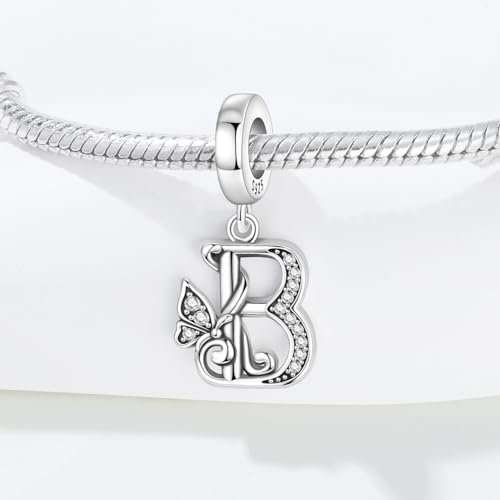 2 Pack 925 Sterling Silver Butterfly Letter Charms for Bracelets and Necklace Alphabet Initial Dangle Pendants Round Spacer Beads Pave Cubic Zirconia Jewelry Gift for Women - color: B Set