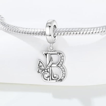 2 Pack 925 Sterling Silver Butterfly Letter Charms for Bracelets and Necklace Alphabet Initial Dangle Pendants Round Spacer Beads Pave Cubic Zirconia Jewelry Gift for Women - color: B Set