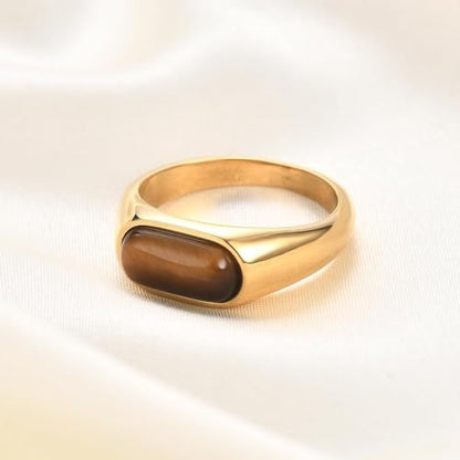 MYNENEY Signet Mens Pinky Rings Statement Wedding for Women - color: Brown stone-Gold