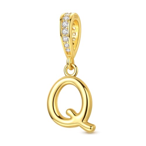 Hapour Gold Initial Letter Charms 925 Sterling Silver Alphabet Beads | 14K Gold Plated, A-Z Letter Charms, For Bracelets Necklace, Cubic Zirconia, DIY Dangle Pendant Beads, For Women Mom - color: Golden initial letter Q