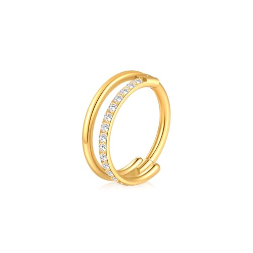 Xpircn ASTM F136 Titanium Double Hoop Septum Click Nose Rings Lip Rook Lobe Tragus Helix Cartilage Daith Conch Earrings Clear CZ Paved Nose Piercing Jewelry for Women Men - color: CZ Double Rings Gold, size: 16G 8mm