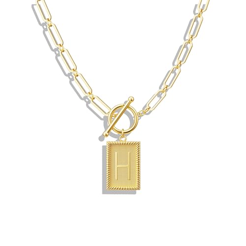 Tewiky Gold Initial Necklaces for Women, Square Letter Pendant Necklace | Toggle Clasp，Trendy 14K Gold Plated Dainty Paperclip Chain Necklaces for Women，Jewelry Gifts - style: Gold H