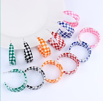 Checkerboard Hoop Earrings Lightweight 70s 80s 90s Transparent Black White Circle Acrylic Geometric Striped Checkered Dangle Drop Earrings Retro Simple Colorful C shaped Earrings for Women - color: red