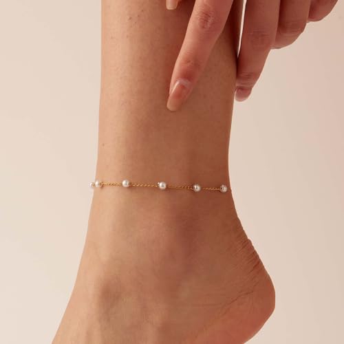 Anklets for Women, 18K Gold Plated Dainty Ankle Bracelets with Tennis, Pearl, Daisy, Lip, Snake Chain, Layered CZ Anklet Waterproof, Adjustable Boho Summer Beach Foot Jewelry - style: Pearl Anklet